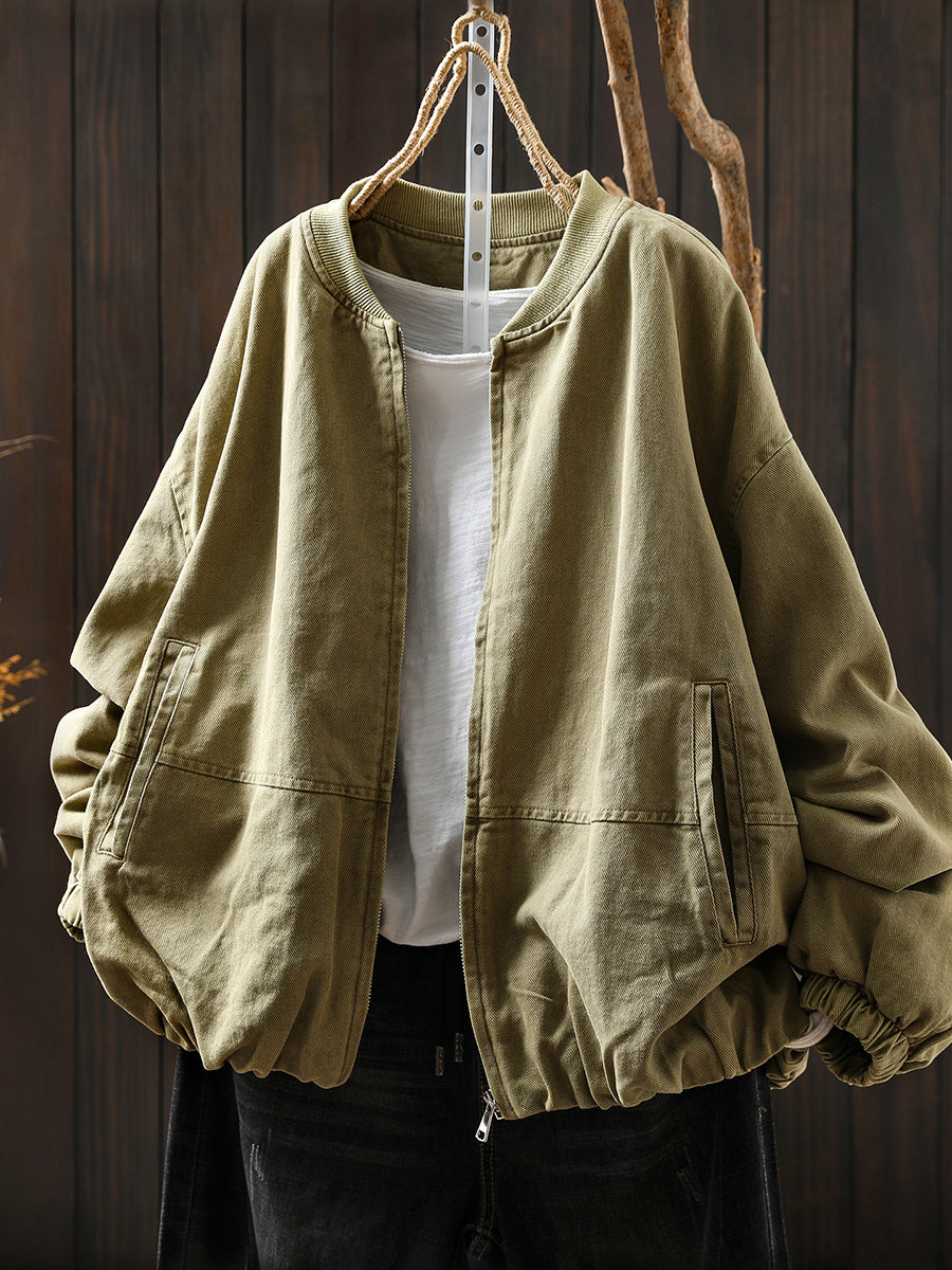 Pure Color Jacket O-Neck 100%Cotton Women Autumn FashionChic