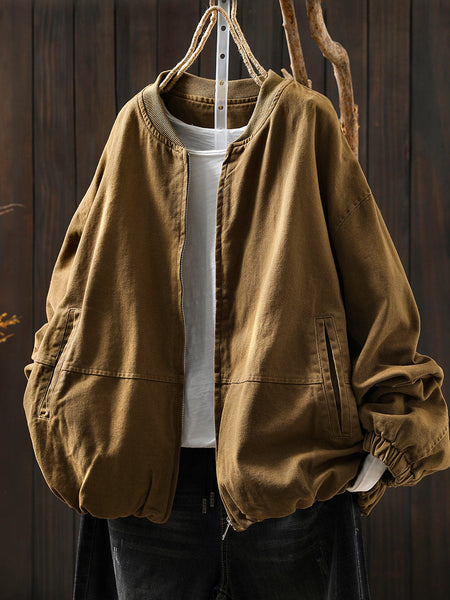 Pure Color Jacket O-Neck 100%Cotton Women Autumn FashionChic