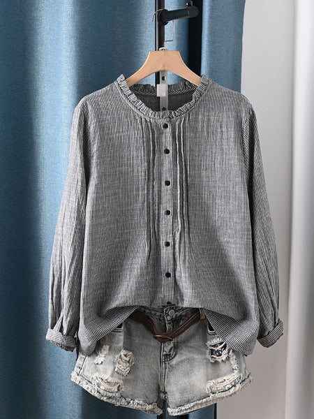 Lattice 100%Cotton Shirt Shirred Artsy Autumn Women FashionChic