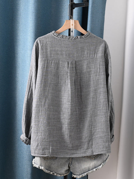 Lattice 100%Cotton Shirt Shirred Artsy Autumn Women FashionChic