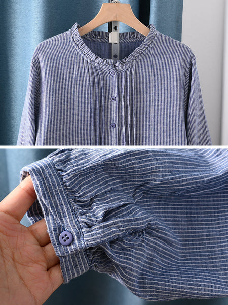 Lattice 100%Cotton Shirt Shirred Artsy Autumn Women FashionChic