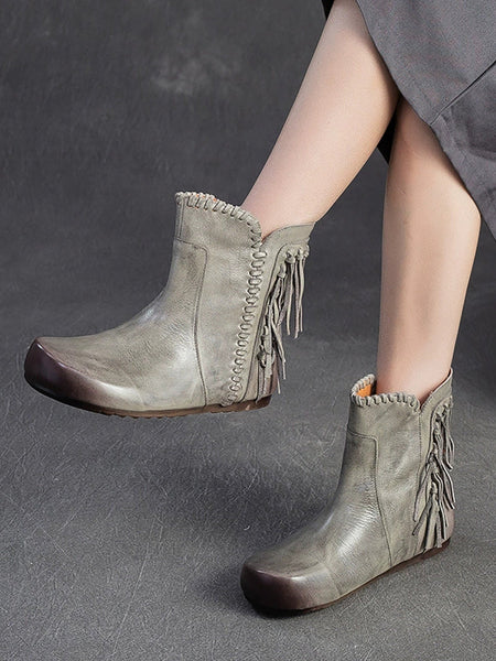 Autumn Leather Tassel Ankle Boots Women Vintage FashionChic