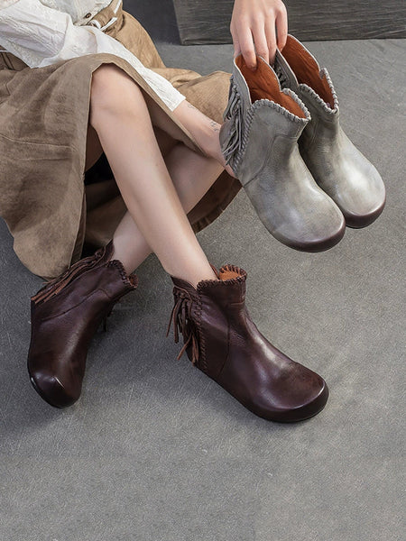 Autumn Leather Tassel Ankle Boots Women Vintage FashionChic