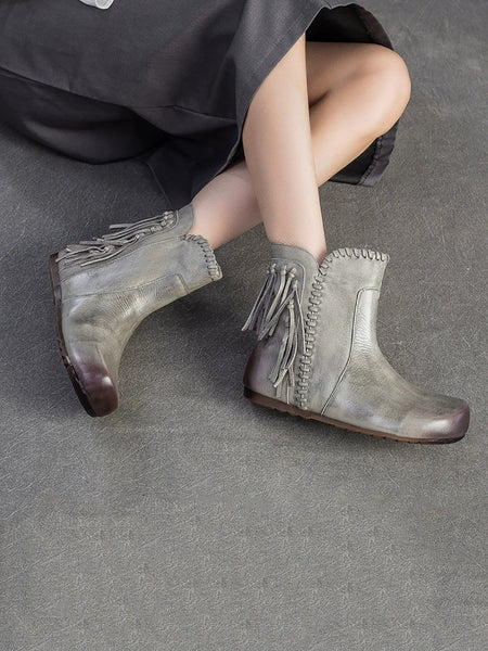 Autumn Leather Tassel Ankle Boots Women Vintage FashionChic