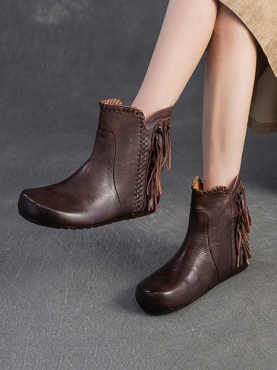 Autumn Leather Tassel Ankle Boots Women Vintage FashionChic