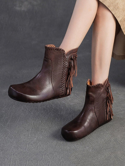 Autumn Leather Tassel Ankle Boots Women Vintage FashionChic