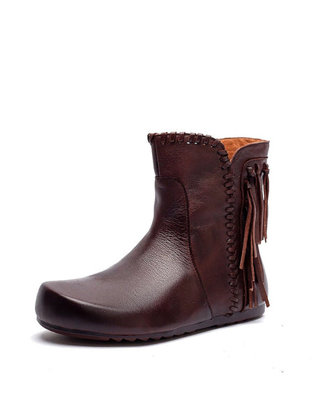 Autumn Leather Tassel Ankle Boots Women Vintage FashionChic