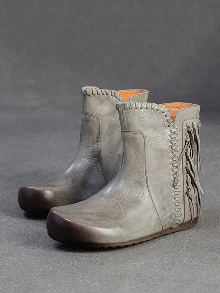 Autumn Leather Tassel Ankle Boots Women Vintage FashionChic