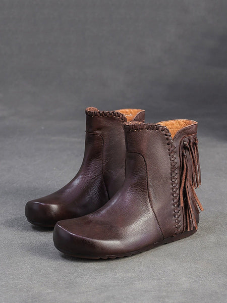 Autumn Leather Tassel Ankle Boots Women Vintage FashionChic