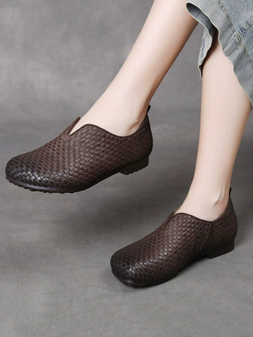 Women Weave Autumn Shoes Leather Vintage Genuine FashionChic