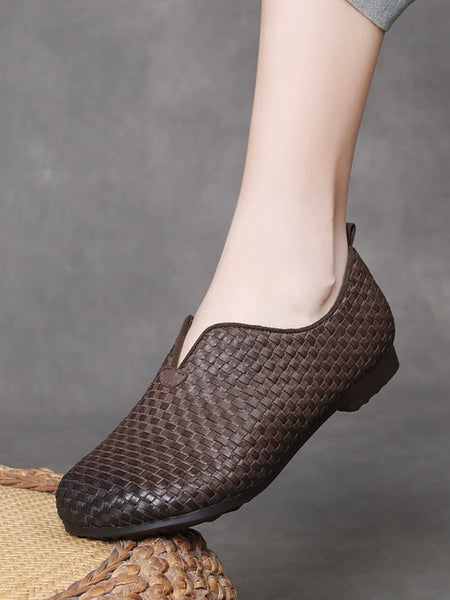 Women Weave Autumn Shoes Leather Vintage Genuine FashionChic