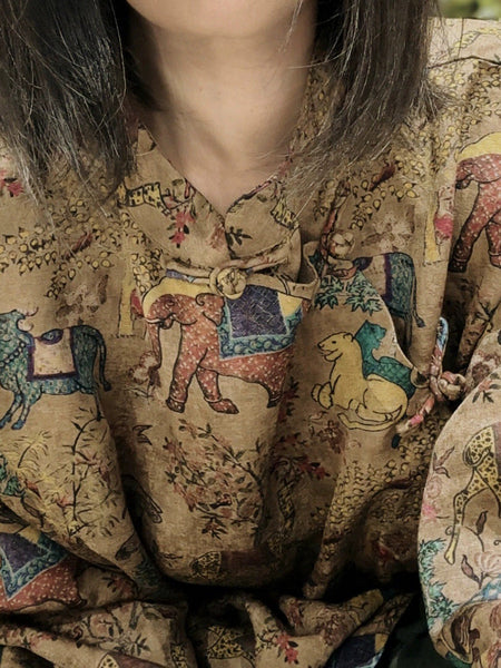 Women Collar Stand Shirt Ethnic Autumn Print FashionChic