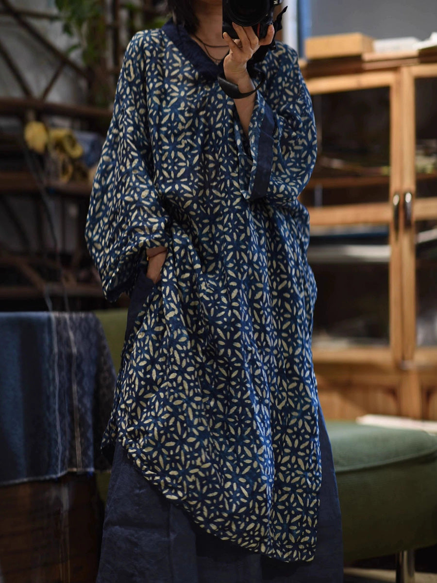 Spliced Flower Women Ramie Autumn Retro V-Neck Dress FashionChic