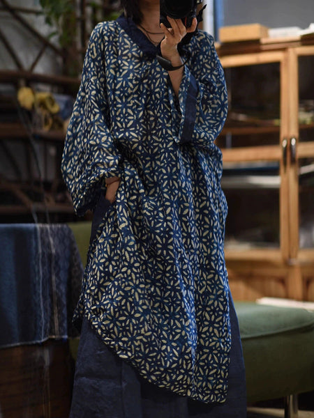 Spliced Flower Women Ramie Autumn Retro V-Neck Dress FashionChic