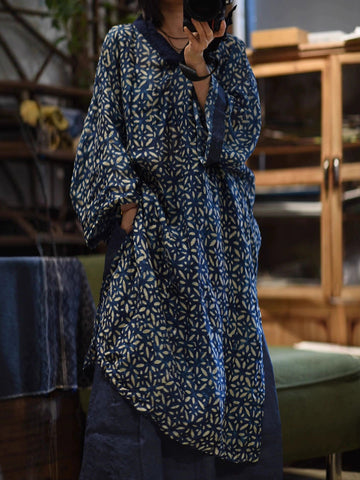 Spliced Flower Women Ramie Autumn Retro V-Neck Dress FashionChic