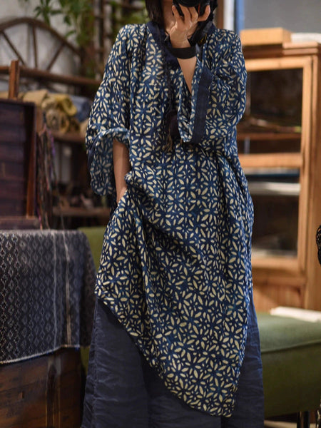 Spliced Flower Women Ramie Autumn Retro V-Neck Dress FashionChic