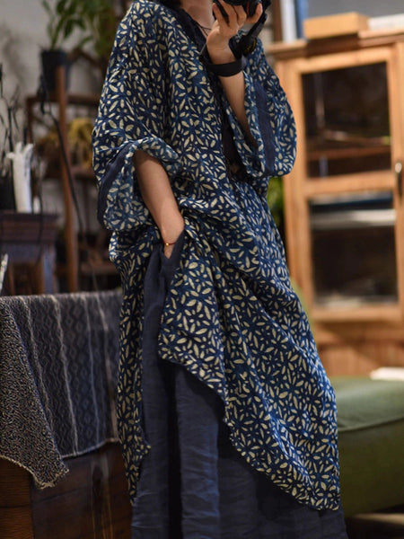 Spliced Flower Women Ramie Autumn Retro V-Neck Dress FashionChic