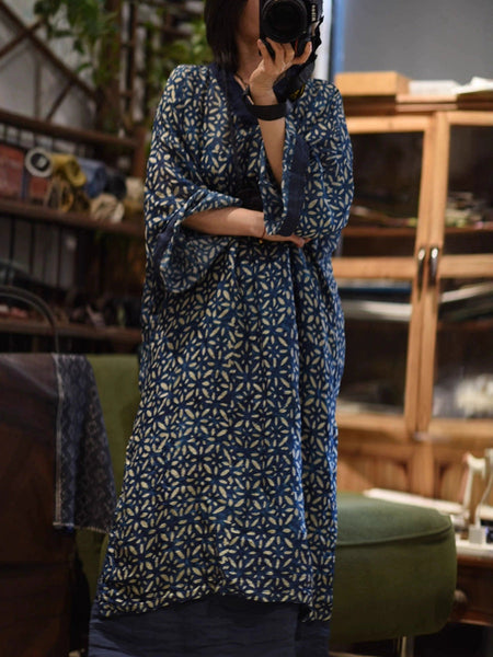 Spliced Flower Women Ramie Autumn Retro V-Neck Dress FashionChic