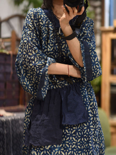 Spliced Flower Women Ramie Autumn Retro V-Neck Dress FashionChic