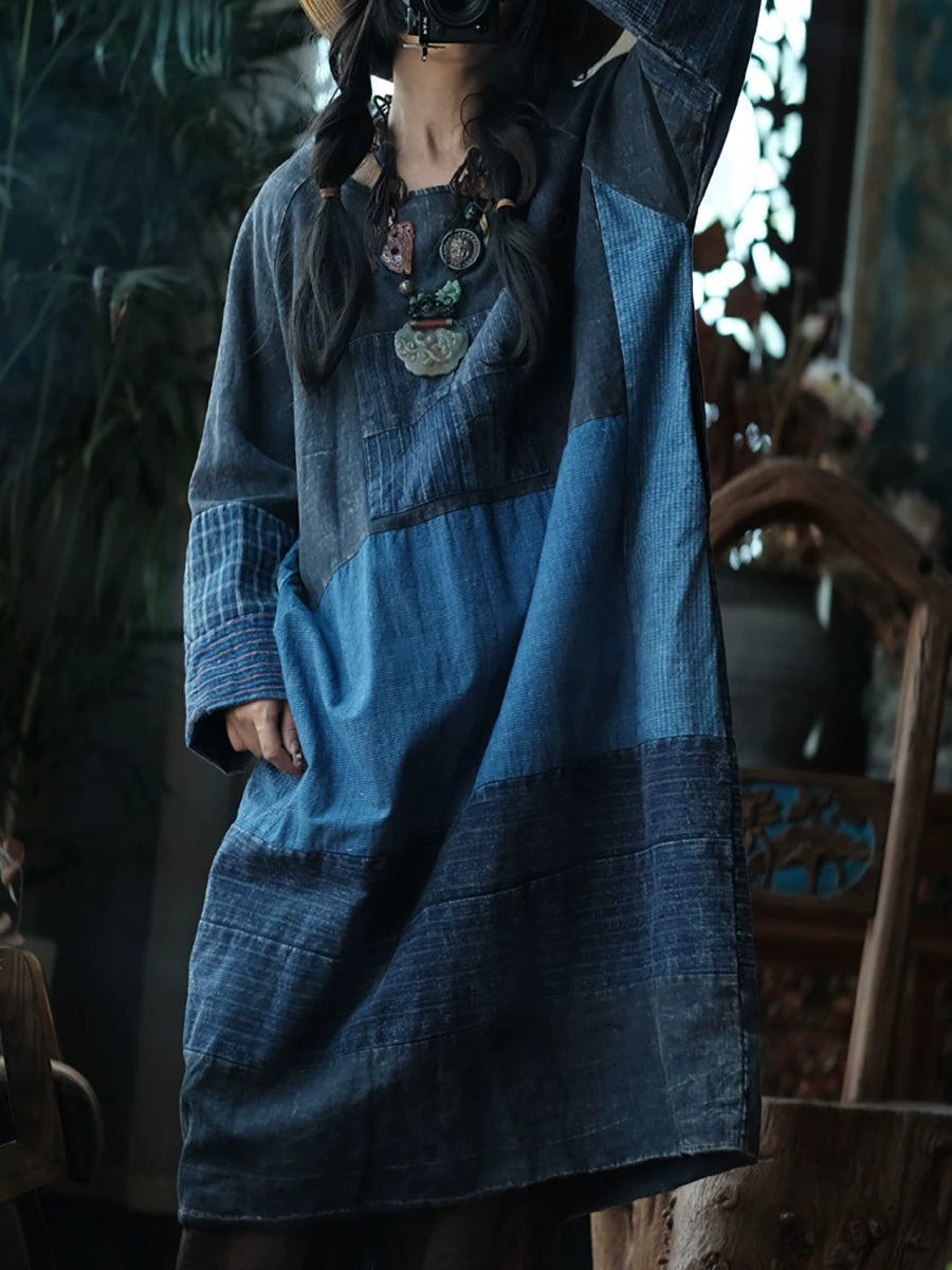 Retro Patchwork O-Neck Dress Women Cotton Autumn FashionChic