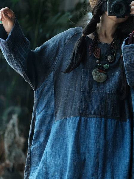 Retro Patchwork O-Neck Dress Women Cotton Autumn FashionChic