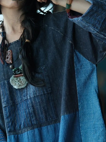 Retro Patchwork O-Neck Dress Women Cotton Autumn FashionChic