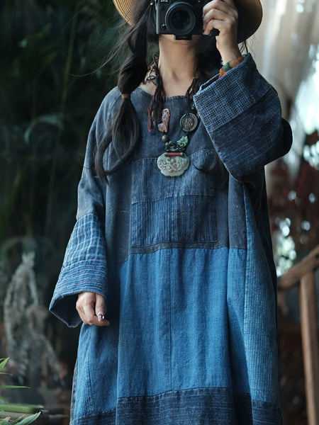 Retro Patchwork O-Neck Dress Women Cotton Autumn FashionChic