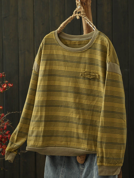 Women O-Neck Stripe Autumn Blouse Casual FashionChic