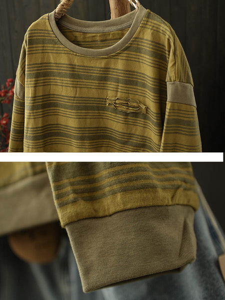 Women O-Neck Stripe Autumn Blouse Casual FashionChic