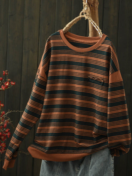 Women O-Neck Stripe Autumn Blouse Casual FashionChic