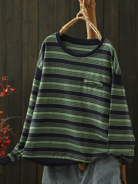 Women O-Neck Stripe Autumn Blouse Casual FashionChic