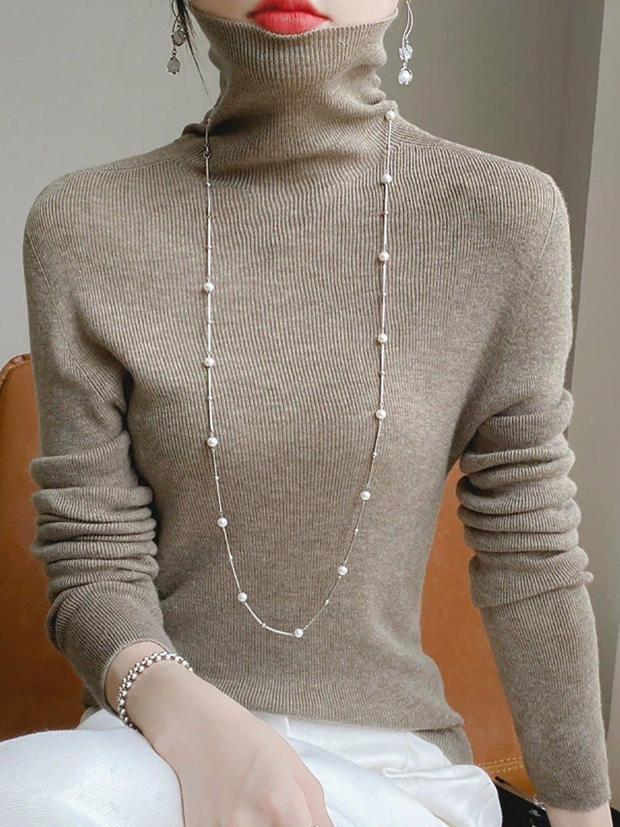 Color Pure Women Casual Sweater Turtleneck Knitted Autumn FashionChic