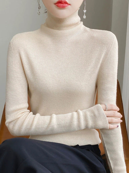 Color Pure Women Casual Sweater Turtleneck Knitted Autumn FashionChic
