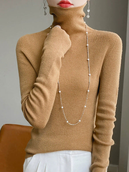 Color Pure Women Casual Sweater Turtleneck Knitted Autumn FashionChic
