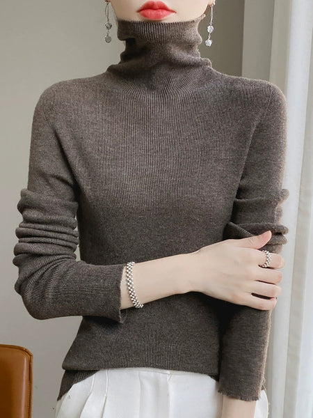 Color Pure Women Casual Sweater Turtleneck Knitted Autumn FashionChic