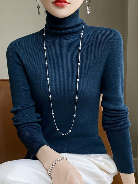 Color Pure Women Casual Sweater Turtleneck Knitted Autumn FashionChic