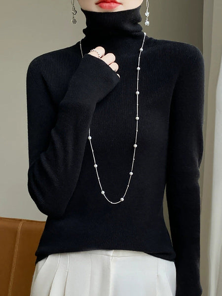 Color Pure Women Casual Sweater Turtleneck Knitted Autumn FashionChic