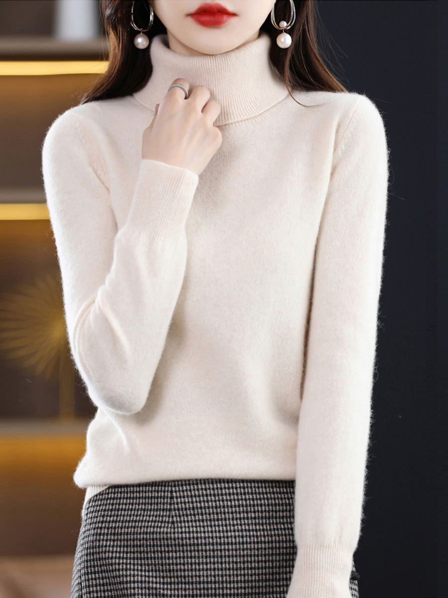 Knitted Women Pure Autumn Color Turtleneck Casual Sweater FashionChic