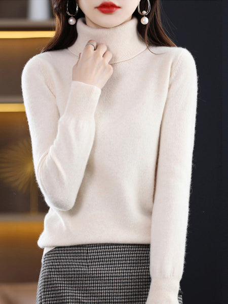 Knitted Women Pure Autumn Color Turtleneck Casual Sweater FashionChic