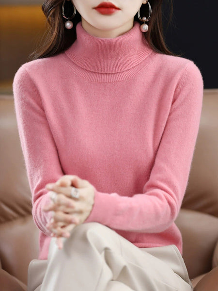 Knitted Women Pure Autumn Color Turtleneck Casual Sweater FashionChic