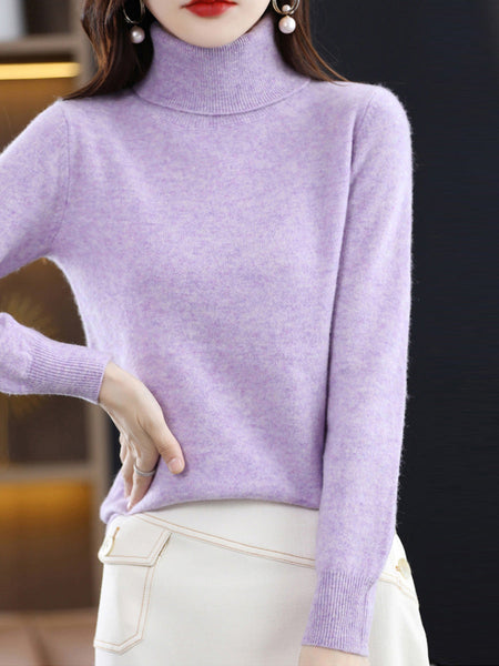 Knitted Women Pure Autumn Color Turtleneck Casual Sweater FashionChic