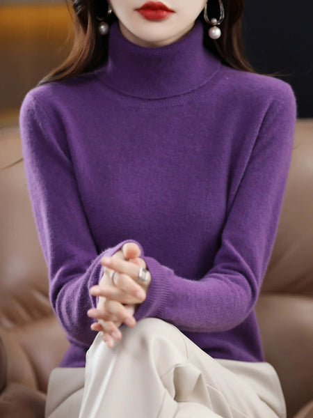 Knitted Women Pure Autumn Color Turtleneck Casual Sweater FashionChic