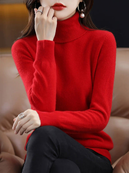 Knitted Women Pure Autumn Color Turtleneck Casual Sweater FashionChic