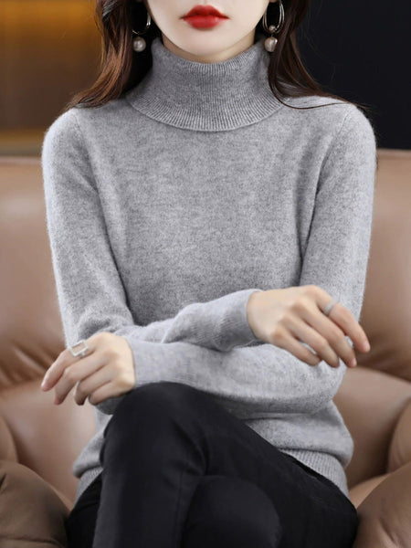 Knitted Women Pure Autumn Color Turtleneck Casual Sweater FashionChic