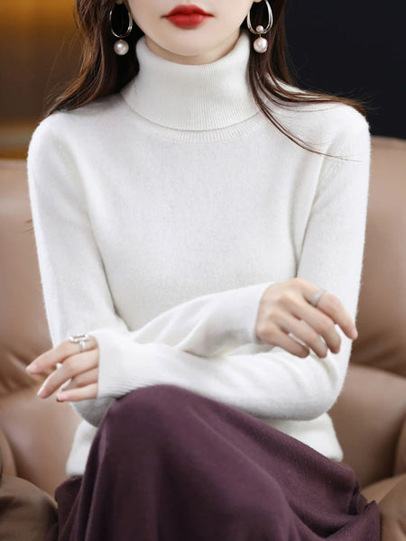 Knitted Women Pure Autumn Color Turtleneck Casual Sweater FashionChic