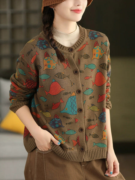 Fish Artsy Autumn O-Neck Sweater Cartoon Women FashionChic