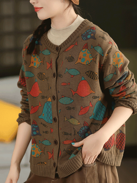 Fish Artsy Autumn O-Neck Sweater Cartoon Women FashionChic