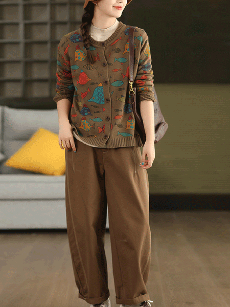 Fish Artsy Autumn O-Neck Sweater Cartoon Women FashionChic