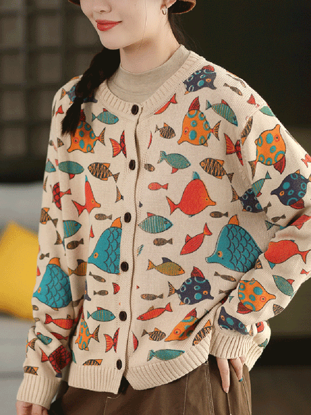 Fish Artsy Autumn O-Neck Sweater Cartoon Women FashionChic