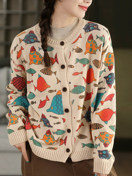 Fish Artsy Autumn O-Neck Sweater Cartoon Women FashionChic